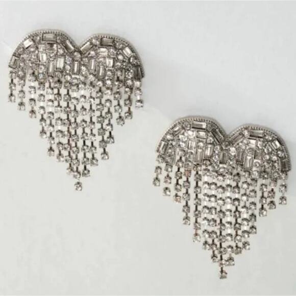 Free People Hearts On Fire Dangle Earrings Rhinestone Heart Fringe Statement NWT - Picture 2 of 7